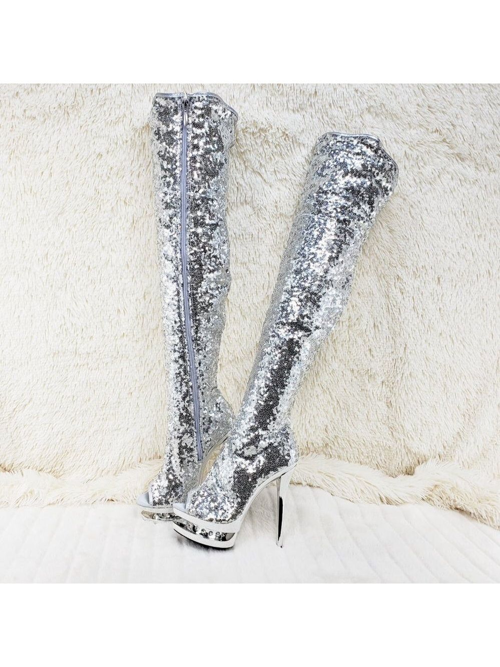 3011 Silver Sequin Open Toe Thigh High Heel Boots Blondie - Picture 7 of 15